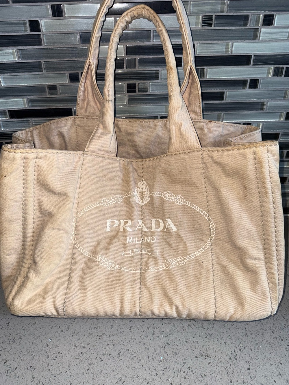 Prada Beige Canvas Tote with White Logo